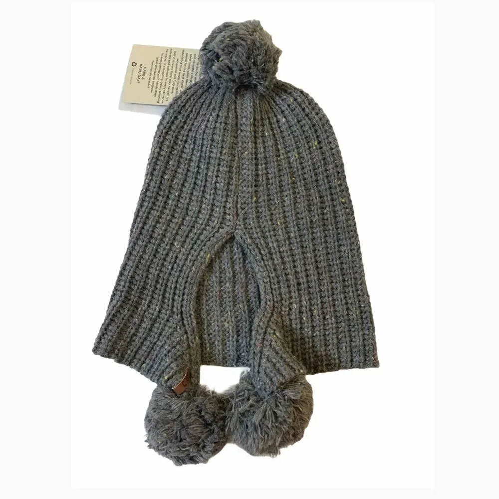 KAVU Cloud Nine Pom Pom Beanie Hat Mineral Gray Chunky Knit Ear Flap New, OS